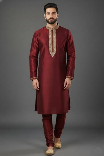 Maroon dupion embroidery kurta-pajama