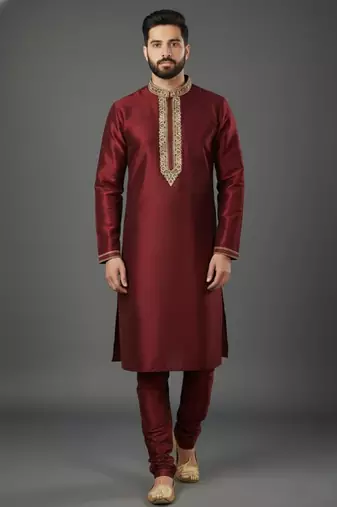 Maroon dupion embroidery kurta-pajama