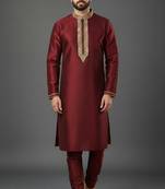 Maroon dupion embroidery kurta-pajama