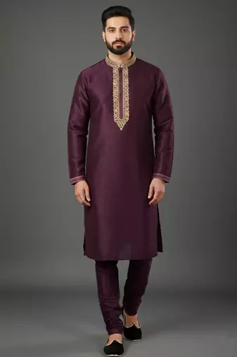 Purple dupion embroidery kurta-pajama