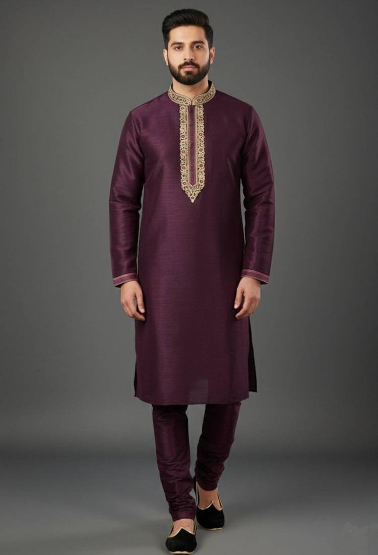 Purple dupion embroidery kurta-pajama