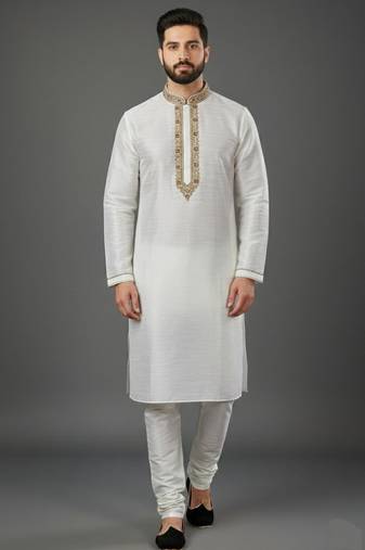 White dupion embroidery kurta-pajama