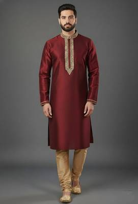 Maroon dupion embroidery kurta-pajama 1