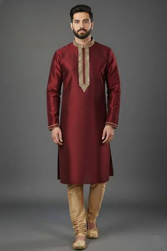 Maroon dupion embroidery kurta-pajama
