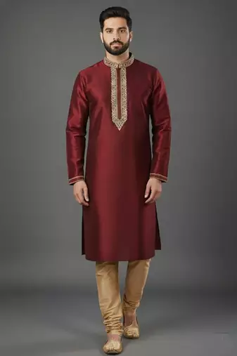 Maroon dupion embroidery kurta-pajama