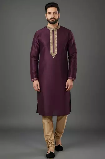 Purple dupion embroidery kurta-pajama