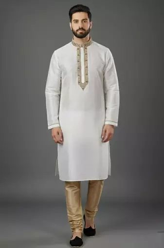 White dupion embroidery kurta-pajama