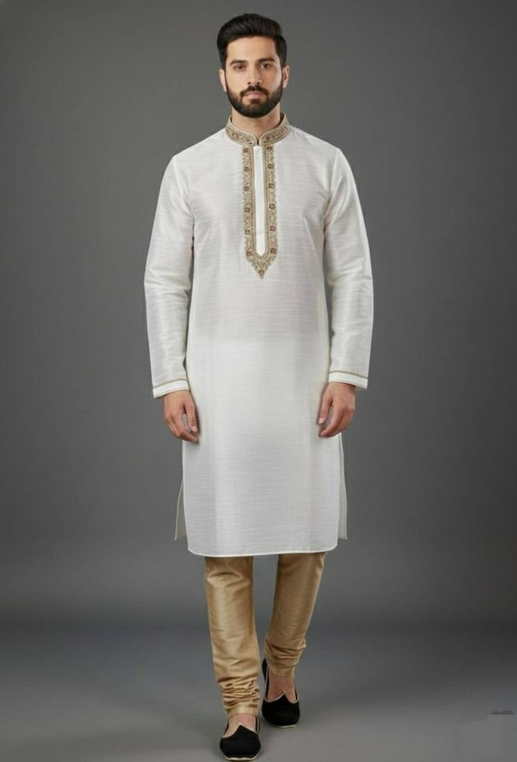 White dupion embroidery kurta-pajama