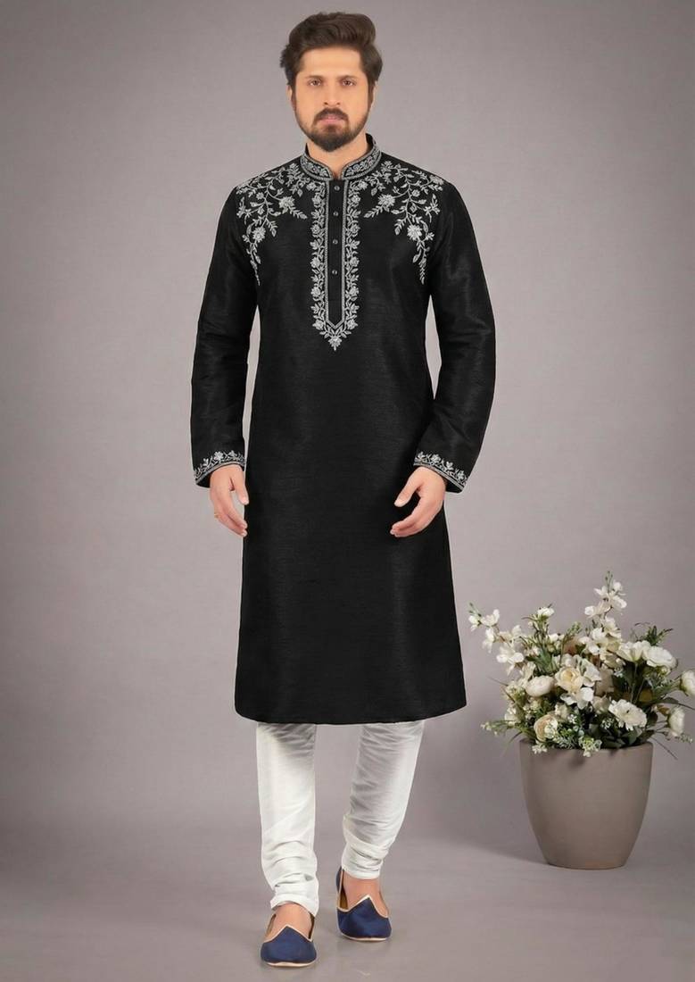 Black dupion embroidery kurta-pajama