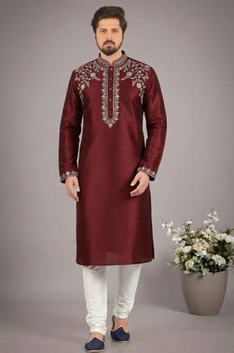 Maroon dupion embroidery kurta-pajama