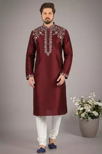Maroon dupion embroidery kurta-pajama