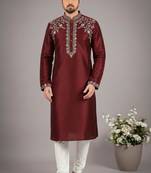 Maroon dupion embroidery kurta-pajama