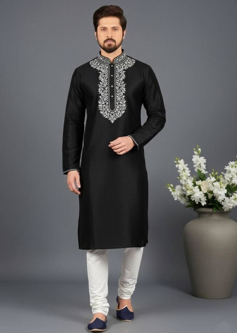 Black dupion embroidery kurta-pajama