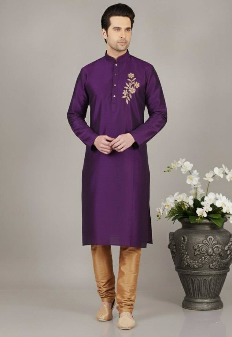 Purple dupion embroidery kurta-pajama