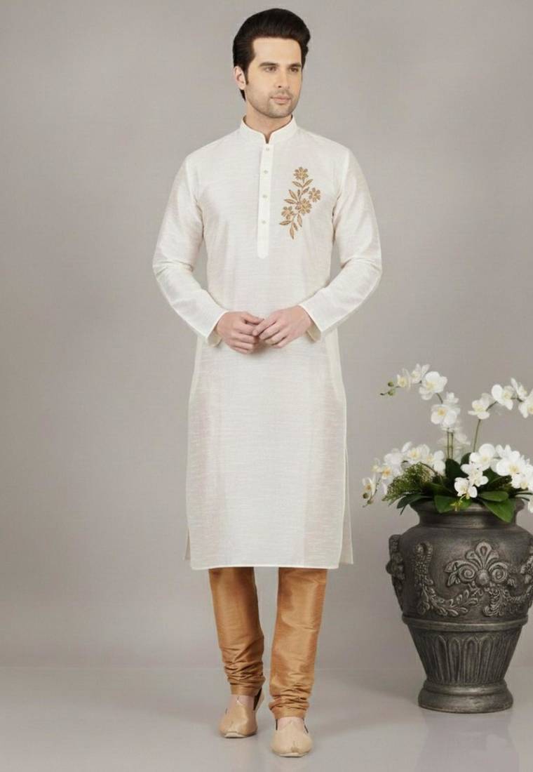 White dupion embroidery kurta-pajama