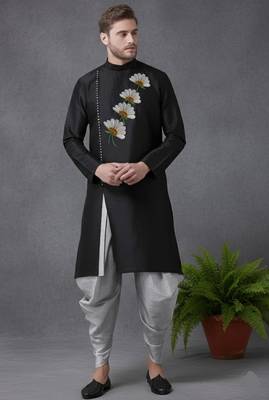 Black dupion embroidery kurta-Dhoti 1
