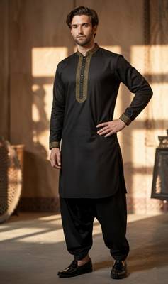 Black cotton embroidery kurta-Dhoti 1