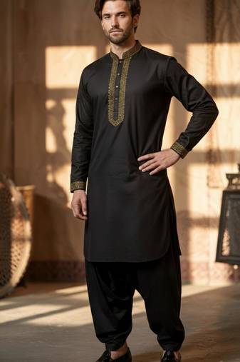 Black cotton embroidery kurta-Dhoti