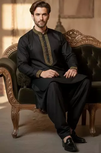 Black cotton embroidery kurta-Dhoti