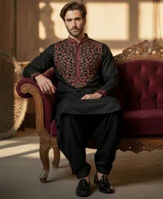 Black cotton embroidery kurta-Dhoti 3