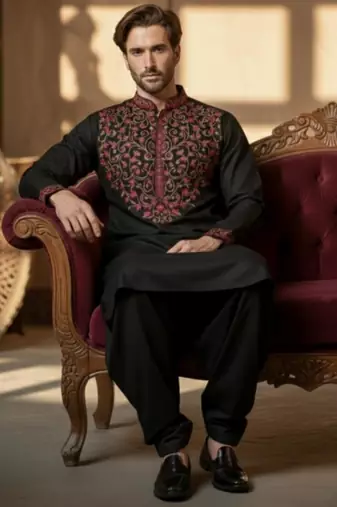 Black cotton embroidery kurta-Dhoti