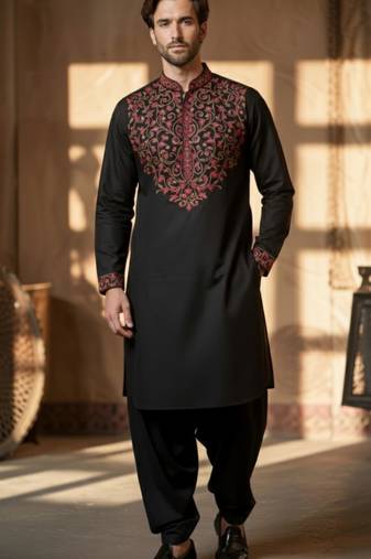 Black cotton embroidery kurta-Dhoti
