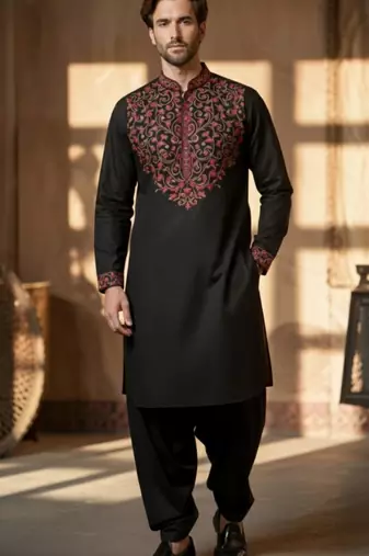 Black cotton embroidery kurta-Dhoti