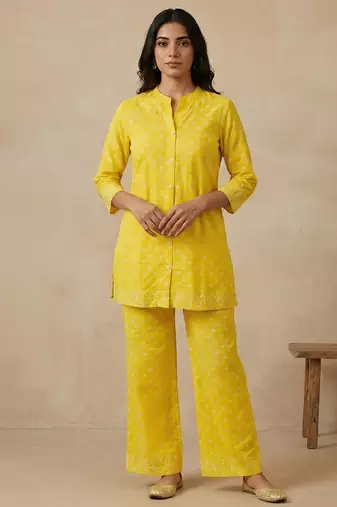 Bright yellow cotton co-ord set for women | attractive printed top & palazzo set