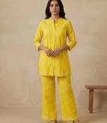 Bright yellow cotton co-ord set for women | attractive printed top & palazzo set