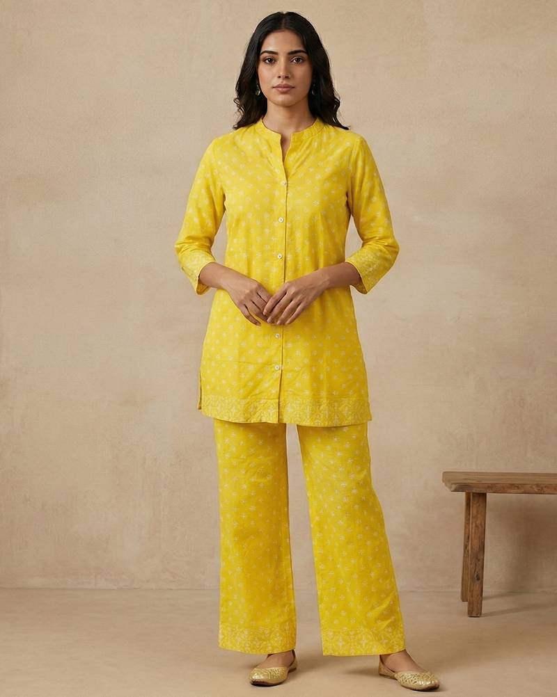 Bright yellow cotton co-ord set for women | attractive printed top & palazzo set