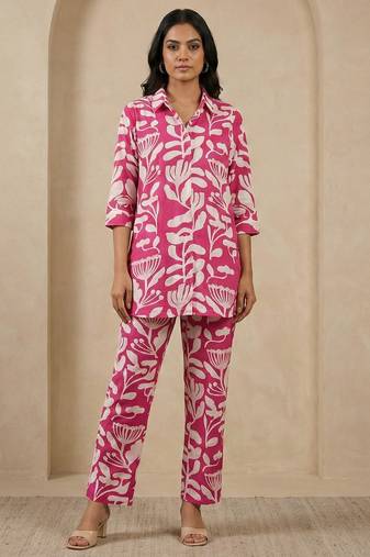 Women’s pink floral cotton co-ord set | stylish printed top & palazzo set for daily wear
