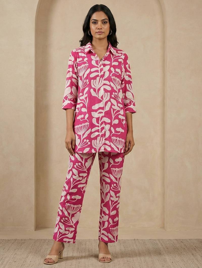 Women’s pink floral cotton co-ord set | stylish printed top & palazzo set for daily wear