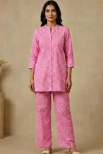 Light pink cotton co-ord set for women | soft printed daily wear top & palazzo set