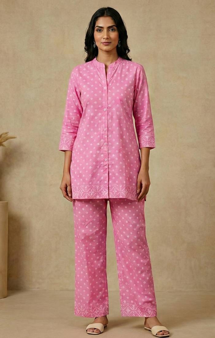 Light pink cotton co-ord set for women | soft printed daily wear top & palazzo set