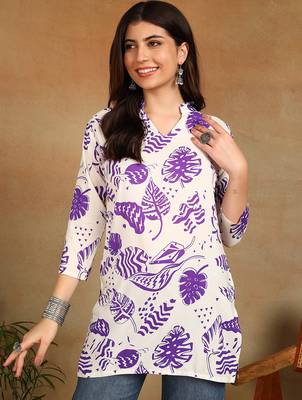 Women cream & purple floral leaf print rayon straight short kurti 1