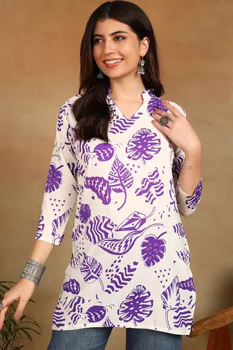 Women cream & purple floral leaf print rayon straight short kurti