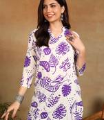 Women cream & purple floral leaf print rayon straight short kurti