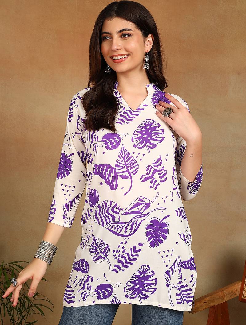 Women cream & purple floral leaf print rayon straight short kurti