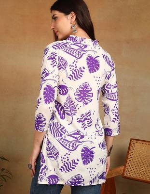Women cream & purple floral leaf print rayon straight short kurti 2