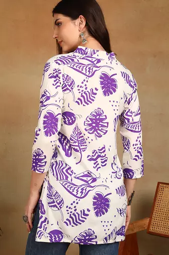 Women cream & purple floral leaf print rayon straight short kurti