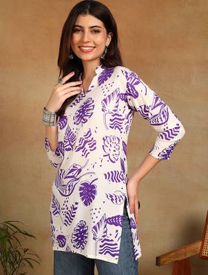 Women cream & purple floral leaf print rayon straight short kurti 3