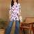 Women cream & purple floral leaf print rayon straight short kurti