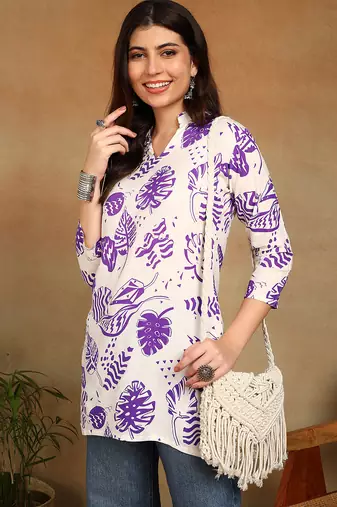 Women cream & purple floral leaf print rayon straight short kurti