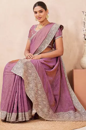 levender color kesariya two tone silk blend embroidered saree