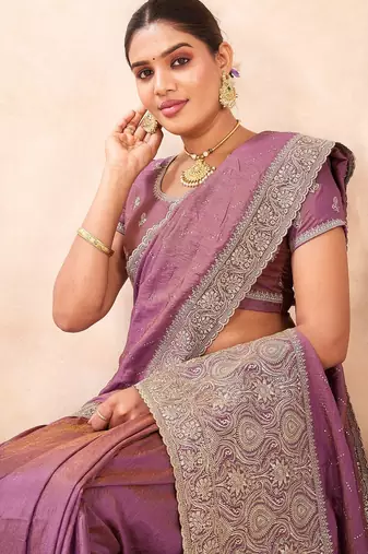 levender color kesariya two tone silk blend embroidered saree