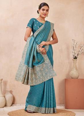 firozi color kesariya two tone silk blend embroidered saree 1