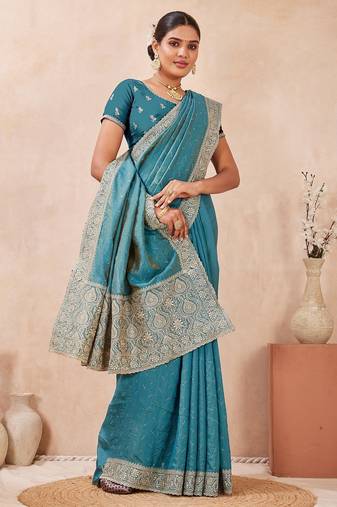 firozi color kesariya two tone silk blend embroidered saree