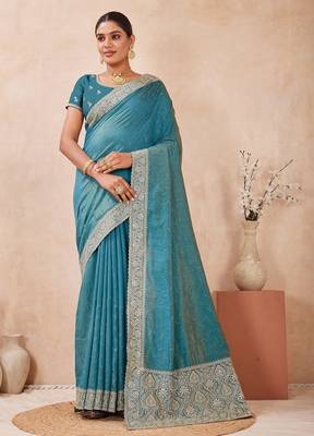 firozi color kesariya two tone silk blend embroidered saree 2