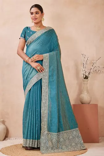 firozi color kesariya two tone silk blend embroidered saree