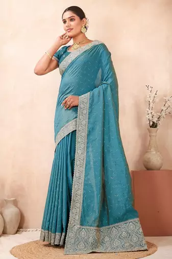 firozi color kesariya two tone silk blend embroidered saree